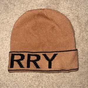 Tan Knit Beanie with Black Lettering